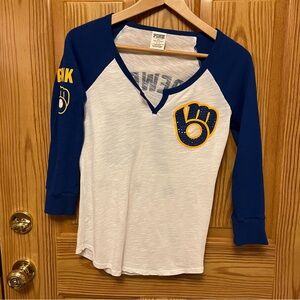 Victoria’s Secret Pink 5th & Ocean Milwaukee Brewers 3/4 Sleeve Shirt Small